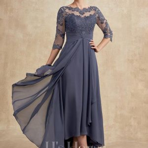 Mother of the Bride Dresses | A-line Scoop Illusion Asymmetrical Lace Chiffon Mother of the Bride Dress With Cascading Ruffles Stormy – Womens