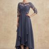 Mother of the Bride Dresses | A-line Scoop Illusion Asymmetrical Lace Chiffon Mother of the Bride Dress With Cascading Ruffles Stormy – Womens