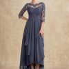 Mother of the Bride Dresses | A-line Scoop Illusion Asymmetrical Lace Chiffon Mother of the Bride Dress With Cascading Ruffles Stormy – Womens