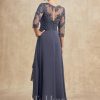 Mother of the Bride Dresses | A-line Scoop Illusion Asymmetrical Lace Chiffon Mother of the Bride Dress With Cascading Ruffles Stormy – Womens