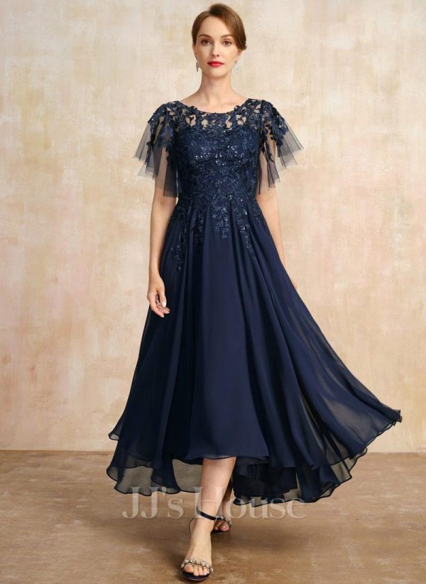 Mother of the Bride Dresses | A-line Scoop Illusion Asymmetrical Lace Chiffon Mother of the Bride Dress With Sequins As Picture – Womens