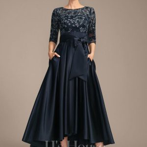 Mother of the Bride Dresses | A-line Scoop Illusion Asymmetrical Satin Lace Mother of the Bride Dress With Bow As Picture – Womens