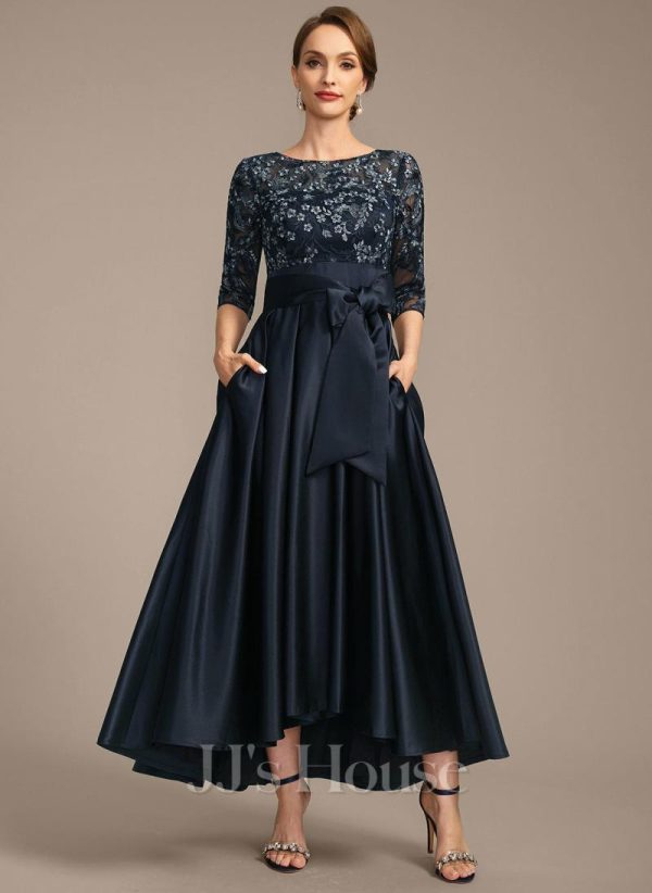 Mother of the Bride Dresses | A-line Scoop Illusion Asymmetrical Satin Lace Mother of the Bride Dress With Bow As Picture – Womens