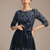 Mother of the Bride Dresses | A-line Scoop Illusion Asymmetrical Satin Lace Mother of the Bride Dress With Bow As Picture – Womens