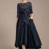 Mother of the Bride Dresses | A-line Scoop Illusion Asymmetrical Satin Lace Mother of the Bride Dress With Bow As Picture – Womens