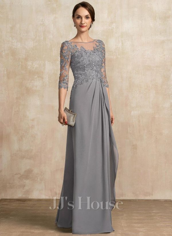 Mother of the Bride Dresses | A-line Scoop Illusion Floor-Length Chiffon Lace Mother of the Bride Dress With Beading Sequins Cascading Ruffles As Picture – Womens