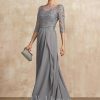 Mother of the Bride Dresses | A-line Scoop Illusion Floor-Length Chiffon Lace Mother of the Bride Dress With Beading Sequins Cascading Ruffles As Picture – Womens