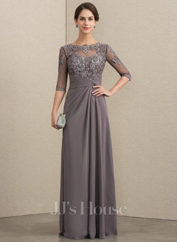 Mother of the Bride Dresses | A-line Scoop Illusion Floor-Length Chiffon Lace Mother of the Bride Dress With Pleated Sequins Beading As Picture – Womens