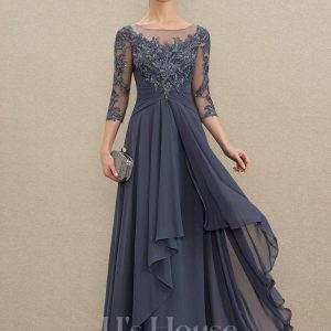 Mother of the Bride Dresses | A-line Scoop Illusion Floor-Length Lace Chiffon Mother of the Bride Dress With Cascading Ruffles Stormy – Womens