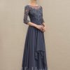 Mother of the Bride Dresses | A-line Scoop Illusion Floor-Length Lace Chiffon Mother of the Bride Dress With Cascading Ruffles Stormy – Womens