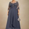 Mother of the Bride Dresses | A-line Scoop Illusion Floor-Length Lace Chiffon Mother of the Bride Dress With Cascading Ruffles Stormy – Womens