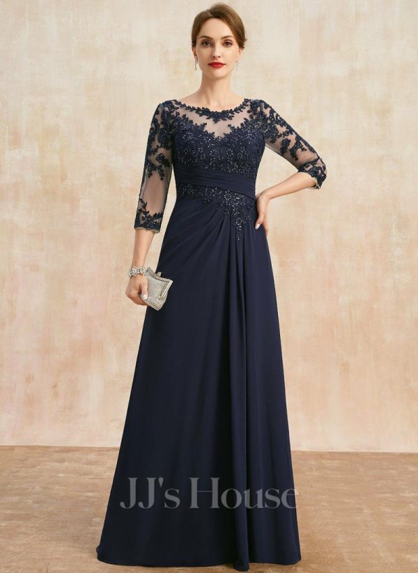 Mother of the Bride Dresses | A-line Scoop Illusion Floor-Length Lace Chiffon Mother of the Bride Dress With Pleated Sequins As Picture – Womens