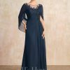 Mother of the Bride Dresses | A-line Scoop Illusion Floor-Length Lace Chiffon Mother of the Bride Dress With Pleated Sequins Dark Navy – Womens