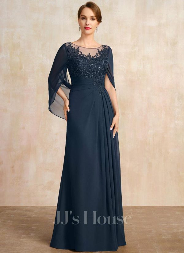 Mother of the Bride Dresses | A-line Scoop Illusion Floor-Length Lace Chiffon Mother of the Bride Dress With Pleated Sequins Dark Navy – Womens