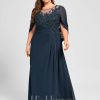 Mother of the Bride Dresses | A-line Scoop Illusion Floor-Length Lace Chiffon Mother of the Bride Dress With Pleated Sequins Dark Navy – Womens