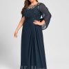 Mother of the Bride Dresses | A-line Scoop Illusion Floor-Length Lace Chiffon Mother of the Bride Dress With Pleated Sequins Dark Navy – Womens