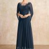 Mother of the Bride Dresses | A-line Scoop Illusion Floor-Length Lace Chiffon Mother of the Bride Dress With Pleated Sequins Dark Navy – Womens