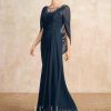 Mother of the Bride Dresses | A-line Scoop Illusion Floor-Length Lace Chiffon Mother of the Bride Dress With Pleated Sequins Dark Navy – Womens