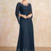 Mother of the Bride Dresses | A-line Scoop Illusion Floor-Length Lace Chiffon Mother of the Bride Dress With Pleated Sequins Dark Navy – Womens