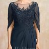 Mother of the Bride Dresses | A-line Scoop Illusion Floor-Length Lace Chiffon Mother of the Bride Dress With Pleated Sequins Dark Navy – Womens