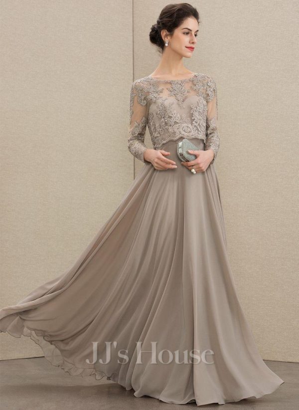 Mother of the Bride Dresses | A-line Scoop Illusion Floor-Length Lace Chiffon Mother of the Bride Dress With Sequins Taupe – Womens