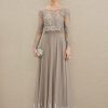 Mother of the Bride Dresses | A-line Scoop Illusion Floor-Length Lace Chiffon Mother of the Bride Dress With Sequins Taupe – Womens