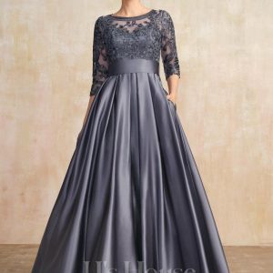 Mother of the Bride Dresses | A-line Scoop Illusion Floor-Length Satin Lace Mother of the Bride Dress With Bow Sequins Stormy – Womens