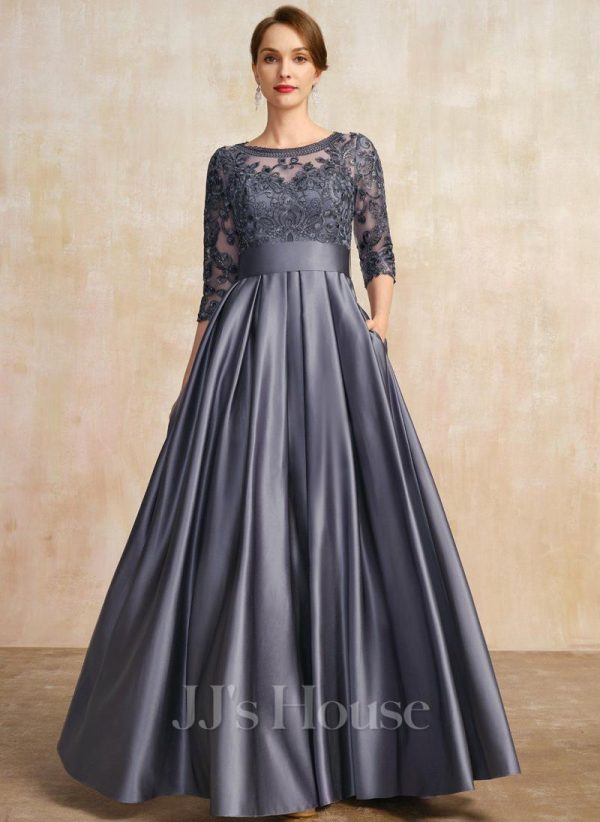 Mother of the Bride Dresses | A-line Scoop Illusion Floor-Length Satin Lace Mother of the Bride Dress With Bow Sequins Stormy – Womens