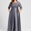 Mother of the Bride Dresses | A-line Scoop Illusion Floor-Length Satin Lace Mother of the Bride Dress With Bow Sequins Stormy – Womens