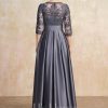 Mother of the Bride Dresses | A-line Scoop Illusion Floor-Length Satin Lace Mother of the Bride Dress With Bow Sequins Stormy – Womens