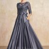 Mother of the Bride Dresses | A-line Scoop Illusion Floor-Length Satin Lace Mother of the Bride Dress With Bow Sequins Stormy – Womens