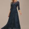 Mother of the Bride Dresses | A-line Scoop Illusion Floor-Length Tulle Lace Mother of the Bride Dress With Sequins Dark Navy – Womens