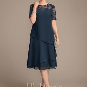 Mother of the Bride Dresses | A-line Scoop Illusion Knee-Length Lace Chiffon Mother of the Bride Dress With Sequins Dark Navy – Womens