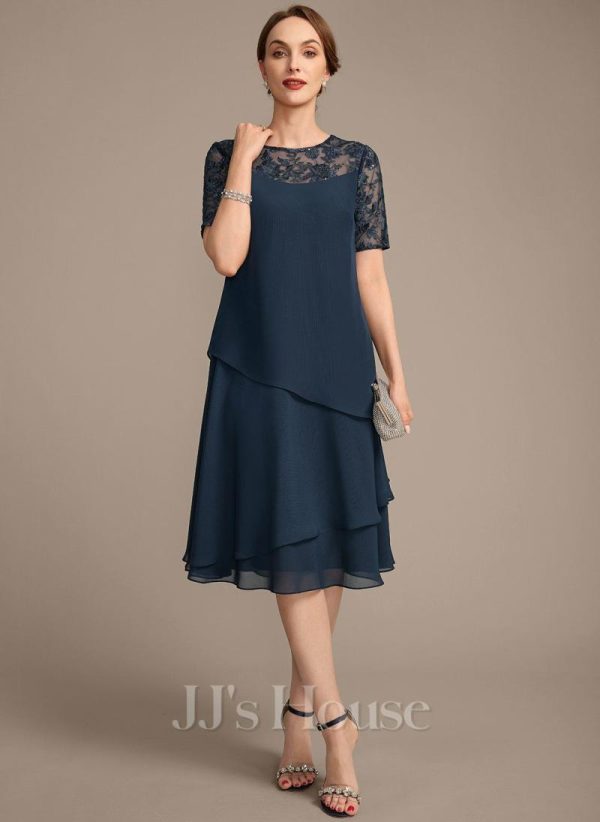 Mother of the Bride Dresses | A-line Scoop Illusion Knee-Length Lace Chiffon Mother of the Bride Dress With Sequins Dark Navy – Womens