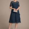 Mother of the Bride Dresses | A-line Scoop Illusion Knee-Length Lace Chiffon Mother of the Bride Dress With Sequins Dark Navy – Womens