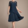 Mother of the Bride Dresses | A-line Scoop Illusion Knee-Length Lace Chiffon Mother of the Bride Dress With Sequins Dark Navy – Womens