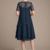 Mother of the Bride Dresses | A-line Scoop Illusion Knee-Length Lace Chiffon Mother of the Bride Dress With Sequins Dark Navy – Womens