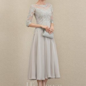 Mother of the Bride Dresses | A-line Scoop Illusion Tea-Length Chiffon Lace Mother of the Bride Dress With Beading Sequins As Picture – Womens