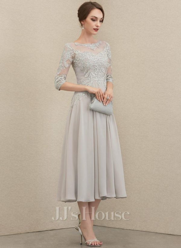 Mother of the Bride Dresses | A-line Scoop Illusion Tea-Length Chiffon Lace Mother of the Bride Dress With Beading Sequins As Picture – Womens