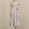 Mother of the Bride Dresses | A-line Scoop Illusion Tea-Length Chiffon Lace Mother of the Bride Dress With Beading Sequins As Picture – Womens