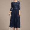 Mother of the Bride Dresses | A-line Scoop Illusion Tea-Length Lace Chiffon Mother of the Bride Dress With Pleated Sequins As Picture – Womens