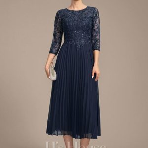 Mother of the Bride Dresses | A-line Scoop Illusion Tea-Length Lace Chiffon Mother of the Bride Dress With Pleated Sequins As Picture – Womens