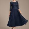 Mother of the Bride Dresses | A-line Scoop Illusion Tea-Length Lace Chiffon Mother of the Bride Dress With Pleated Sequins As Picture – Womens