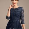 Mother of the Bride Dresses | A-line Scoop Illusion Tea-Length Lace Chiffon Mother of the Bride Dress With Pleated Sequins As Picture – Womens