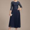 Mother of the Bride Dresses | A-line Scoop Illusion Tea-Length Lace Chiffon Mother of the Bride Dress With Pleated Sequins As Picture – Womens