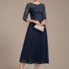 Mother of the Bride Dresses | A-line Scoop Illusion Tea-Length Lace Chiffon Mother of the Bride Dress With Pleated Sequins As Picture – Womens