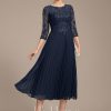 Mother of the Bride Dresses | A-line Scoop Illusion Tea-Length Lace Chiffon Mother of the Bride Dress With Pleated Sequins As Picture – Womens