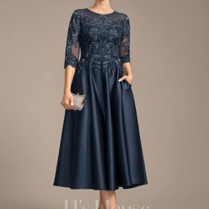 Mother of the Bride Dresses | A-line Scoop Illusion Tea-Length Satin Lace Mother of the Bride Dress With Sequins Dark Navy – Womens