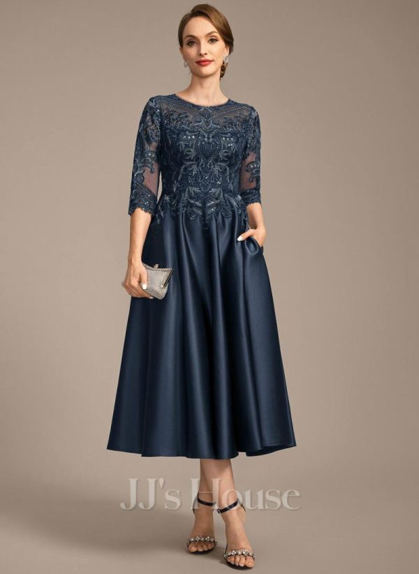 Mother of the Bride Dresses | A-line Scoop Illusion Tea-Length Satin Lace Mother of the Bride Dress With Sequins Dark Navy – Womens