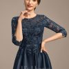 Mother of the Bride Dresses | A-line Scoop Illusion Tea-Length Satin Lace Mother of the Bride Dress With Sequins Dark Navy – Womens